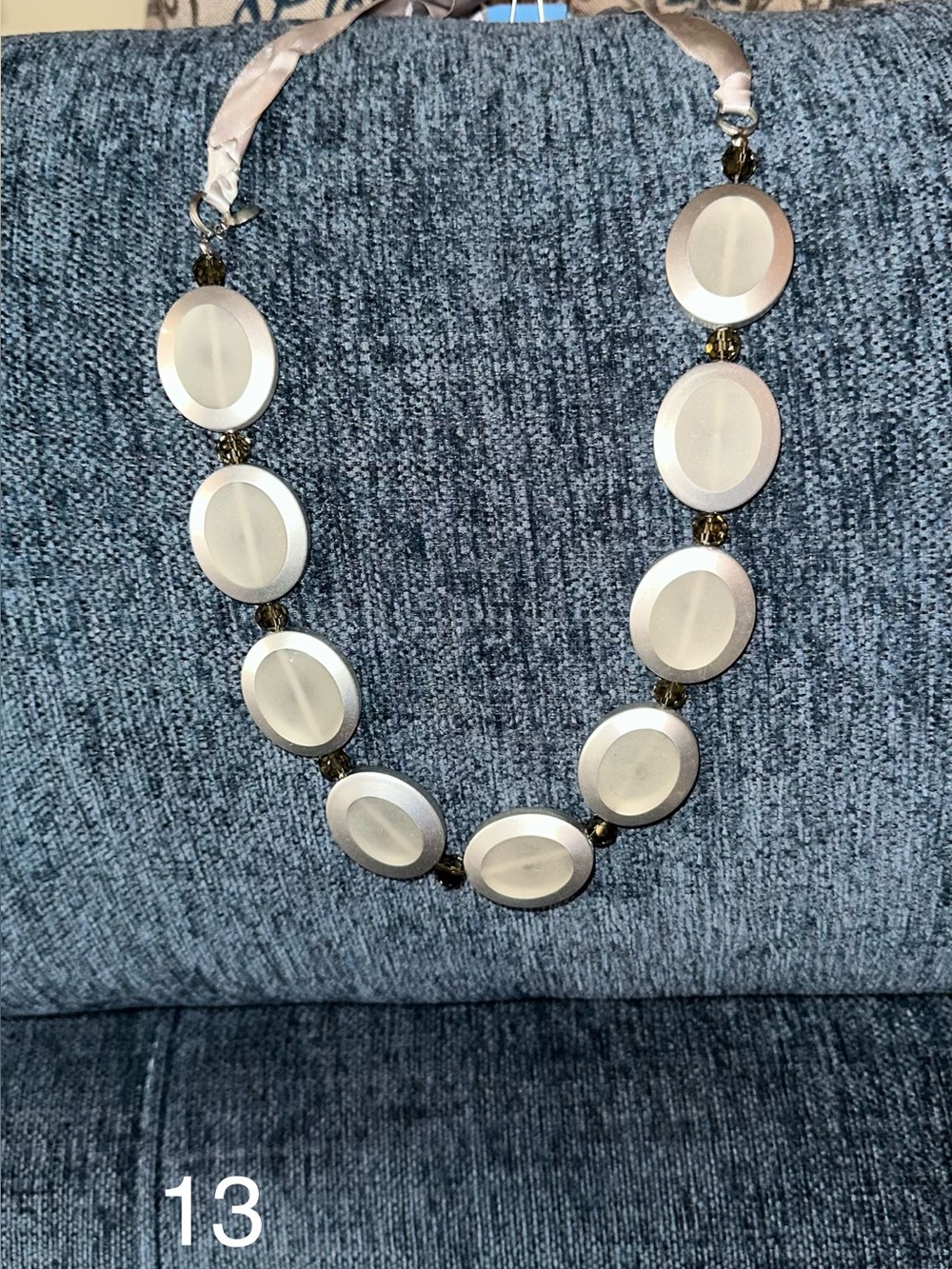 Cookie Lee Milky Gray Disc Statement Necklace with Ribbon as it’s chain